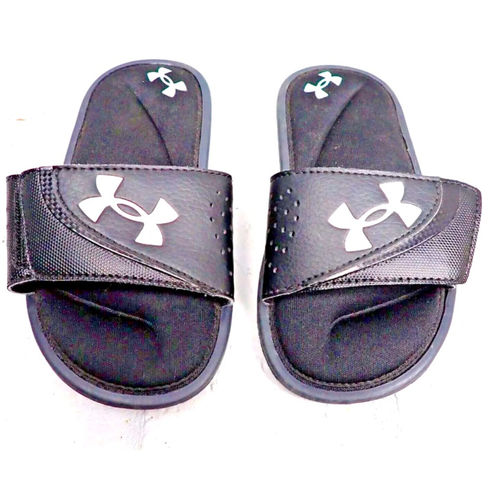 Under Armour Slides Kids Black White Logo Sandals Slip On